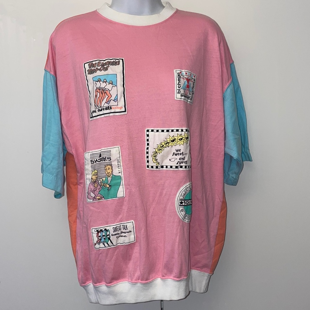 Vintage pink blue orange colorblock patches SWEATS DD workout shirt Large